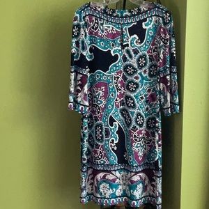 💖Donna Morgan colorful boat neck dress with 3/4 sleeves and fabric belt